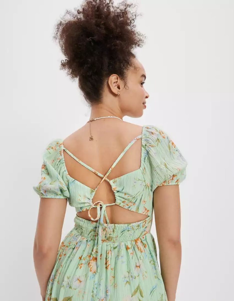 Robe Mi-longue American Eagle AE Floral Open Back Corset Vert Femme | ZJN-78519547